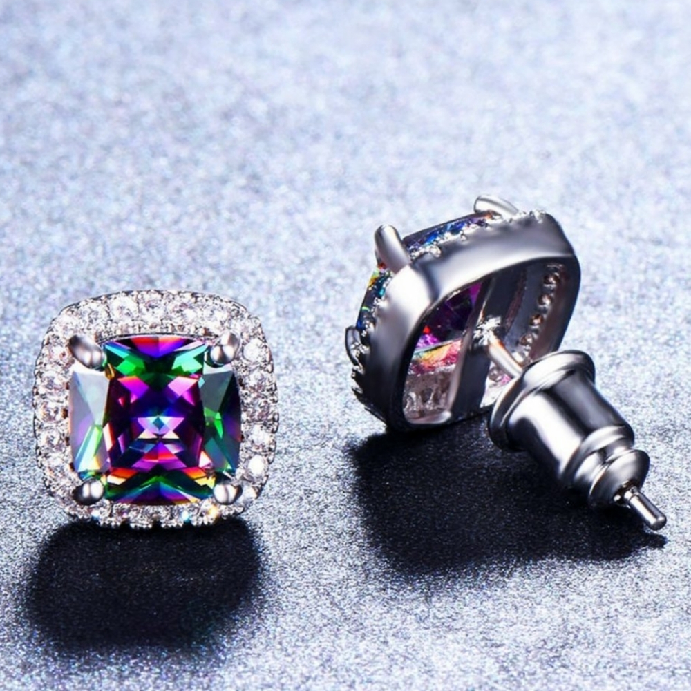 NEW Cushion Mystic Topaz Diamond Halo Earrings - Picture 4 of 5